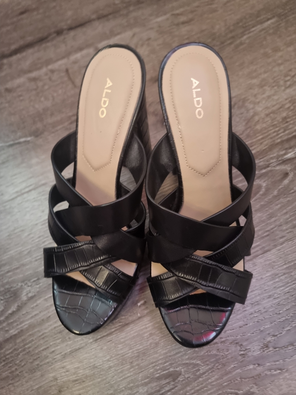 ALDO Black Croc-Texture Strappy Mules
